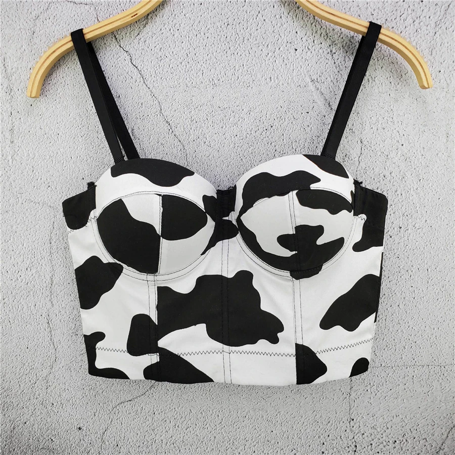 Cami curto com impressão de vaca para as mulheres, top sem encosto, com built-in sutiã, sutiã push-up, boate, harajuku, sexy, verão