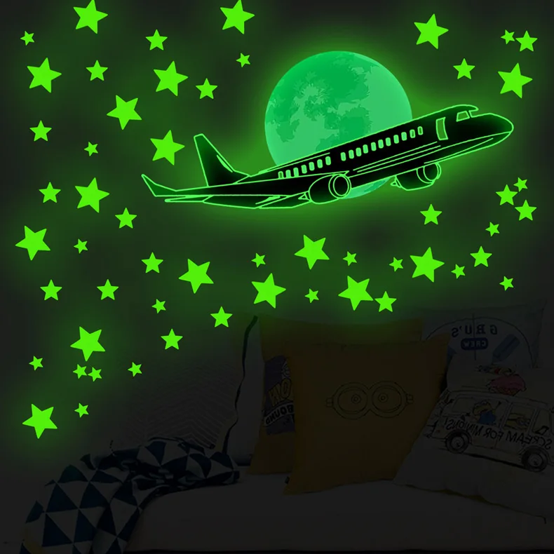 Flugzeug-Sterne-Mond-Leuchtwandaufkleber für Schlafzimmer, Wohnzimmer, Kinderzimmer, Heimdekoration, im Dunkeln leuchtende Kombinations-Tapeten – Detail 4