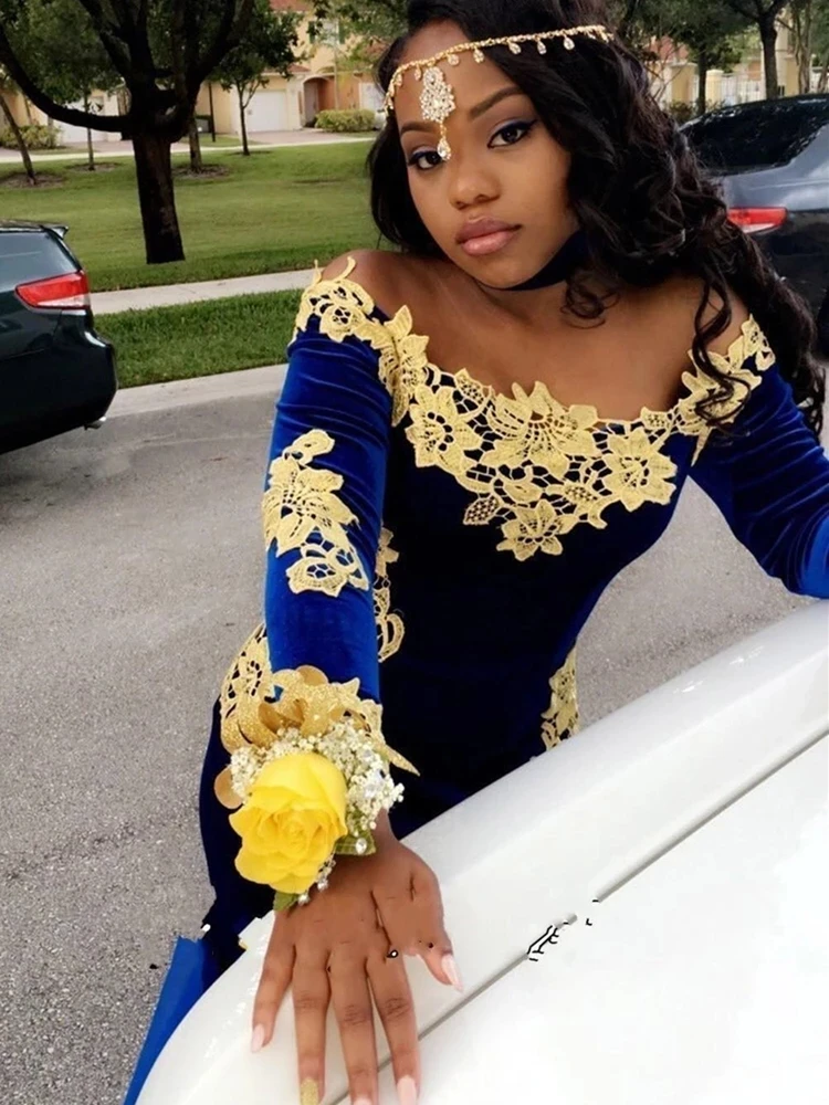 Royal Blue Velvet with Gold Lace Evening Prom Dresses Long Sleeve Off Shoulder Mermaid فساتين Customize Plus Size Velour Dress