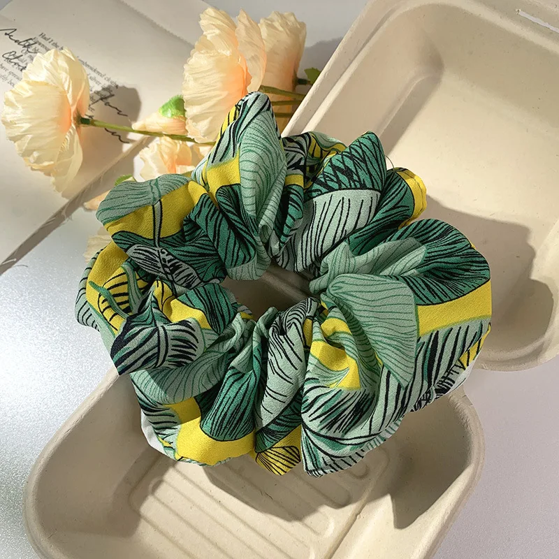 Spring Summer Big Leaf Flower Print Elastic Hair Rope Holiday Hair Band Ponytail Holder Vintage Hair Scrunchies Thick Hair Gum