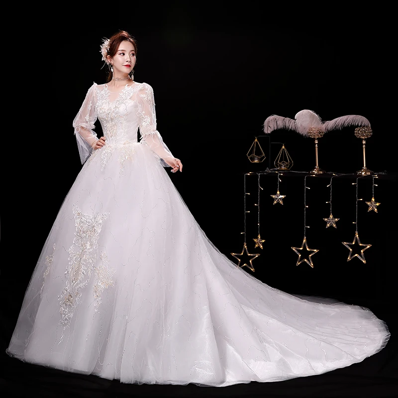 AnXin SH prinzessin blume spitze weiß hochzeit kleid party vintage o hals lange flare hülse weiß zug lace up hochzeit kleid