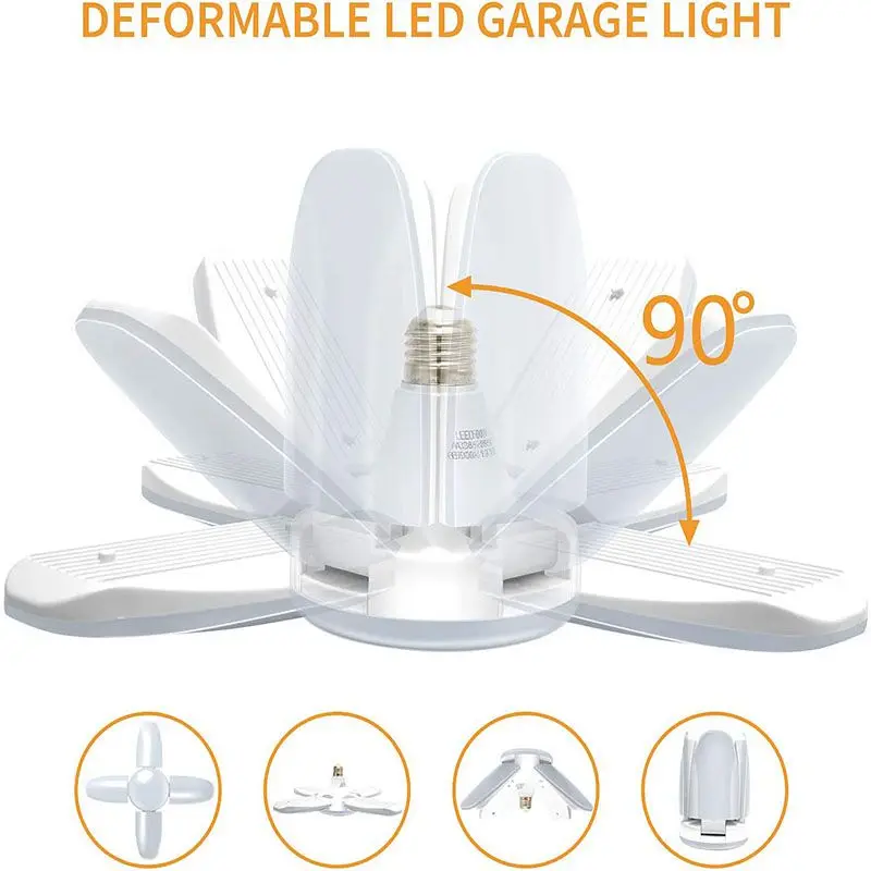 Lâmpada de garagem dobrável LED Fan Blade, E27, 30 W, 45 W, 55 W, 60W, 6500K, iluminação para casa, fábrica