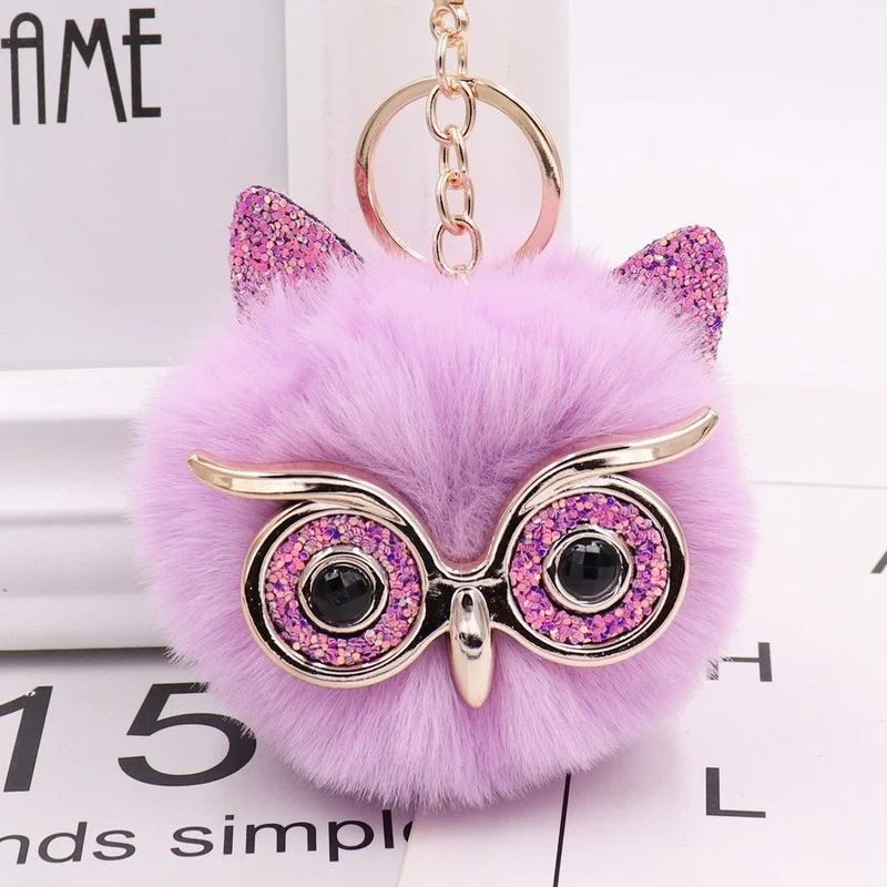 Fashion Cute Cartoon Keychain Owl Soft Pompom Animal Tail Hair Ball Car Keychain Ladies Car Bag Accessories Key Ring Mom Gift