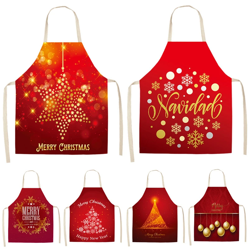 Christmas Decoration Santa Red Sleeveless Apron Cotton Linen Kitchen Aprons Women Home Cooking Baking Waist Bib Pinafore WQL0128