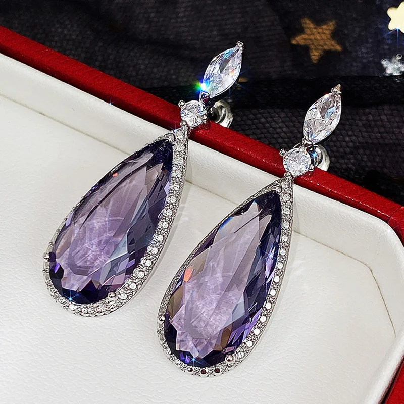 Huitan Unique Purple Cubic Zirconia Earrings for Women Simple and Elegant Female Earrings Engagement Wedding Jewelry Drop Ship