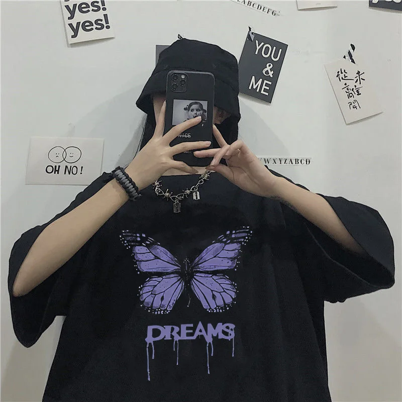 Gothic y2k Aesthetic Loose Ladies T-shirt Purple Butterfly Print Korean Style Ladies Tops T-shirt Harajuku punk clothes tshirt