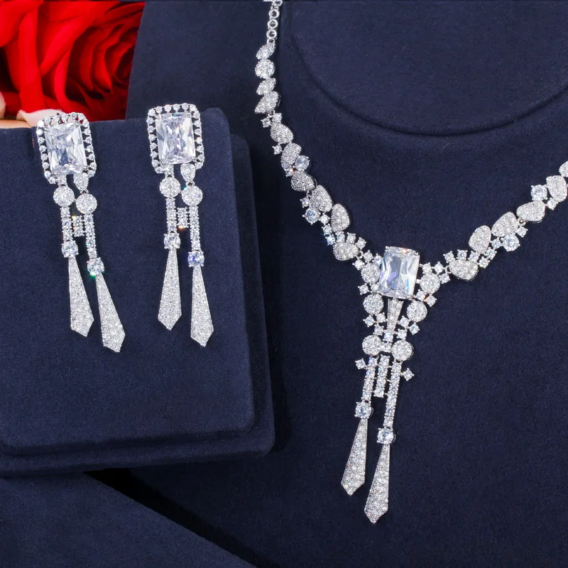 CWWZircons Luxury Yellow CZ Stone Dangle Drop Long Tassel Wedding Earrings Necklace Big Dubai Bridal Dress Jewelry Sets T375