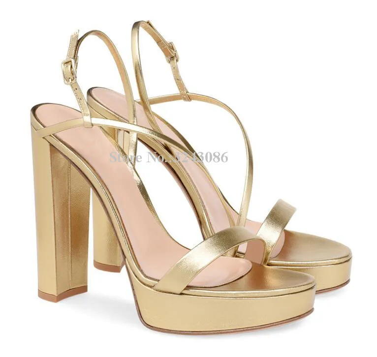 Lady New Gold Color Platform Sandals Fashion Design Strappy Chunky Heel Sandals Shoes Women Large Size Banquet Shoes Dropship