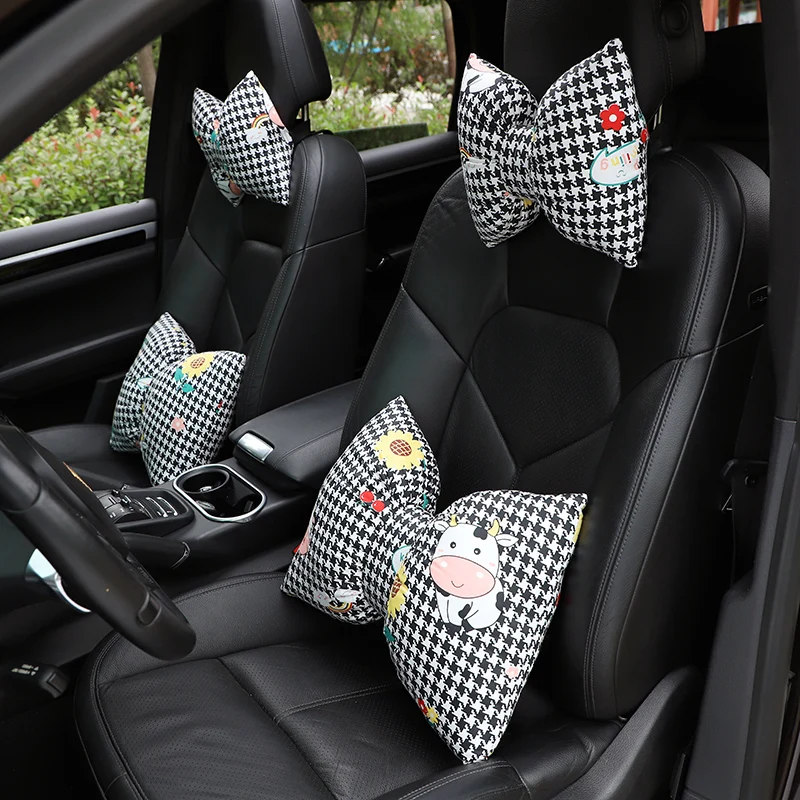 

Car Bowknot Headrest Cartoon Printed Cotton Cloth Car Neck Pillow Cushion Fashion Women's Car Interior Products