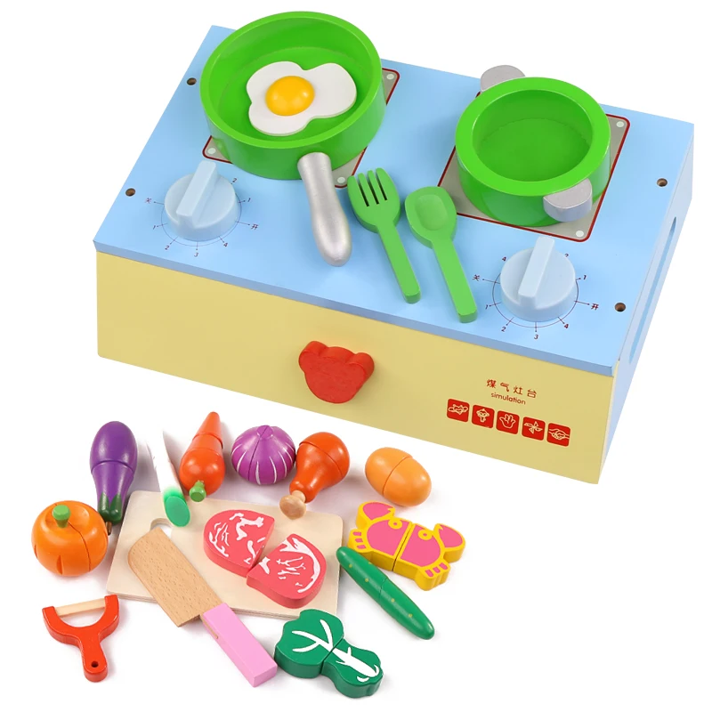 Kids kitchen cooking game toy simulation wooden Stove Tableware Food sets cutting fruit vegetable game toy Pretend play gift