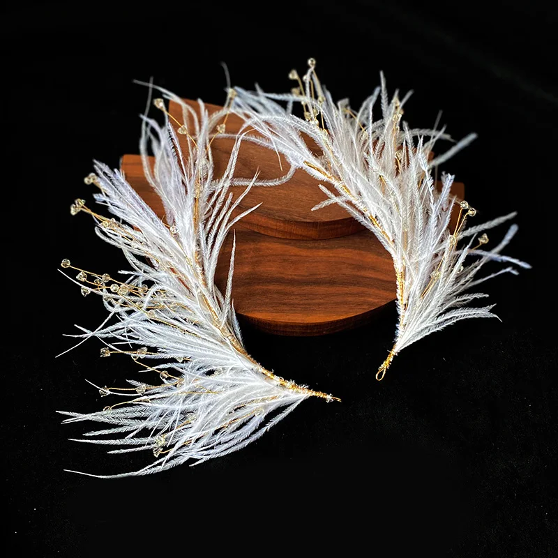 2PCS White Feather Hairpin Handmade Crystal Side Clip Bridal Headdress Fairy Women's Wedding Hair Accessories Party Hairpieces