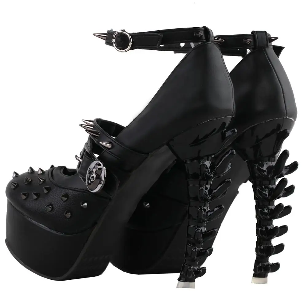 LF80698 SHOW STORY Punk Black Spike Strappy Buckle Mary-Jane Gladiator Platform Bone Heels Pumps