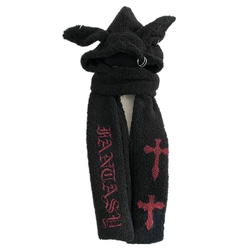 Harajuku Punk Rabbit Ear Hat Skull Letter Cross Plush Scarf Hat Women Winter Warm Hooded Windproof Earflap Scarf Streetwear