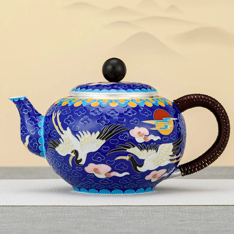 Silver Teapot Pure Silver 999 Hand Made Cloisonne Crane Middle Old Retro Home Silver Teapot