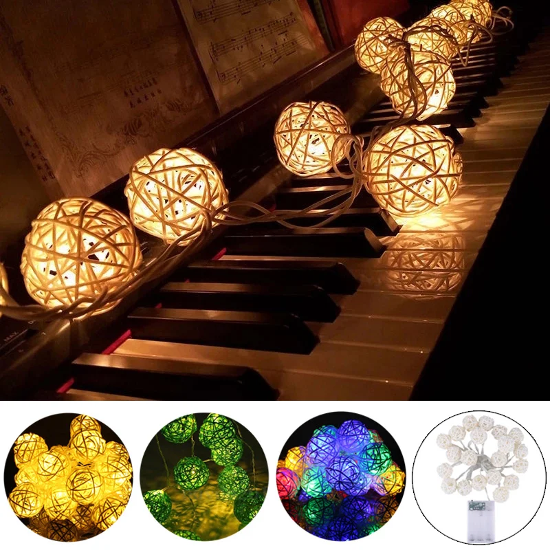 

2.5M 20 LEDS Rattan Balls String Lights Fairy Garland Cotton Ball Light Wedding Xmas New Year Decor Lights 2022 Navidad Gifts