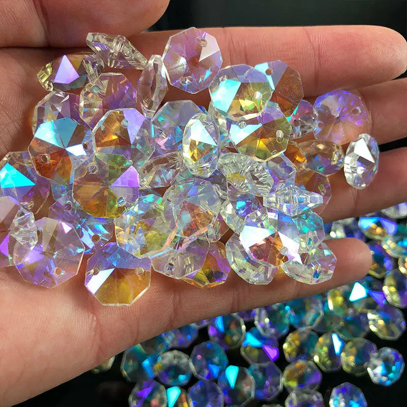 20PC AB Aurora Octagonal Bead Crystal Chandelier Faceted Prism Suncatcher Lighting Ornaments Parts Curtain Pendant Home Decor