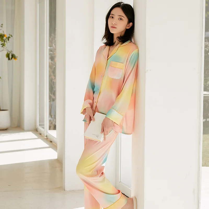 

Women Long Sleeve Nightwear 2021 New Pajamas Suit Satin Patchwork Color 2PCS Sleep Set Intimate Lingerie Casual Home Clothing