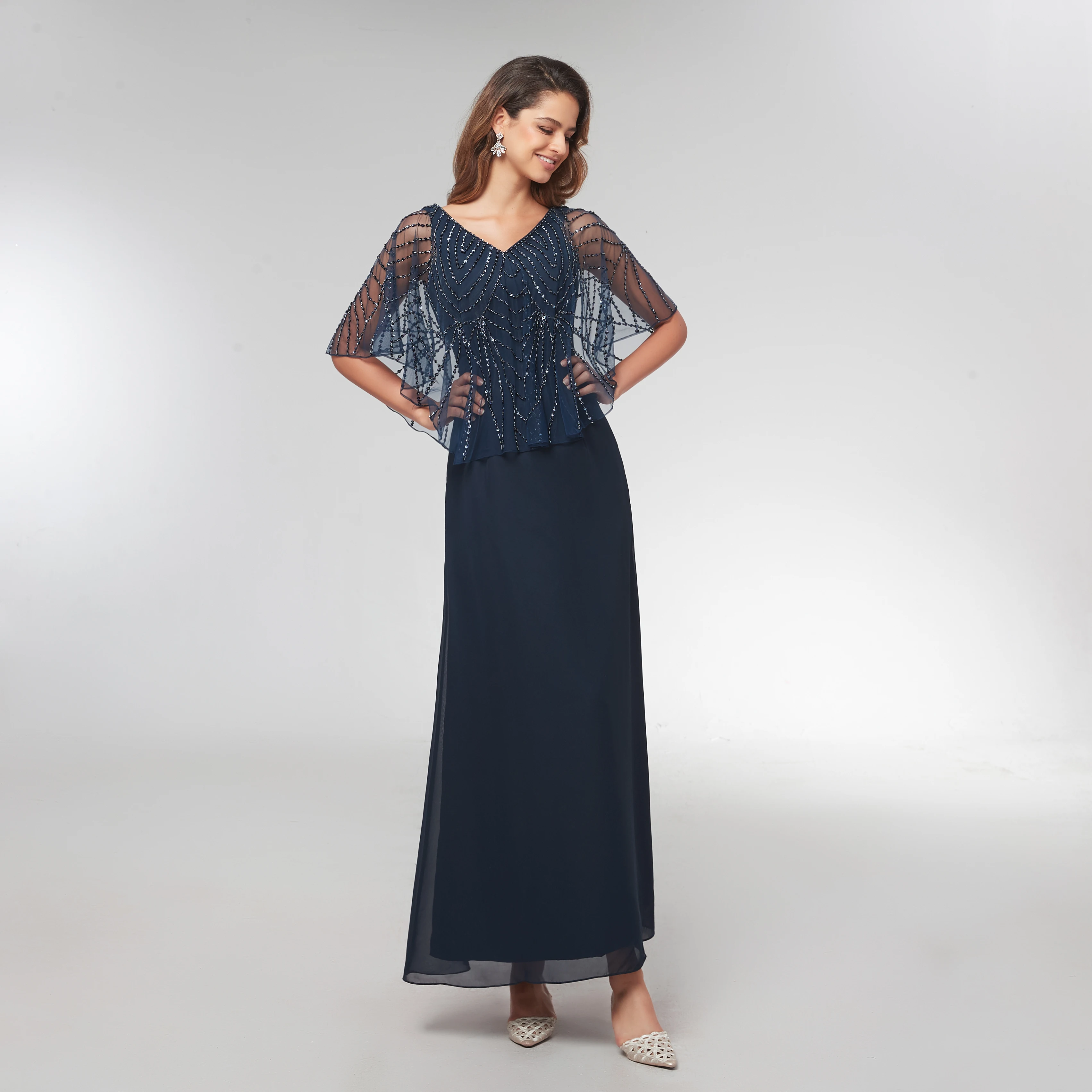 2021 chiffon lantejoulas mãe dos vestidos de noiva elegante escuro navy v-neck uma linha de noite vestidos formais mãe do noivo vestido