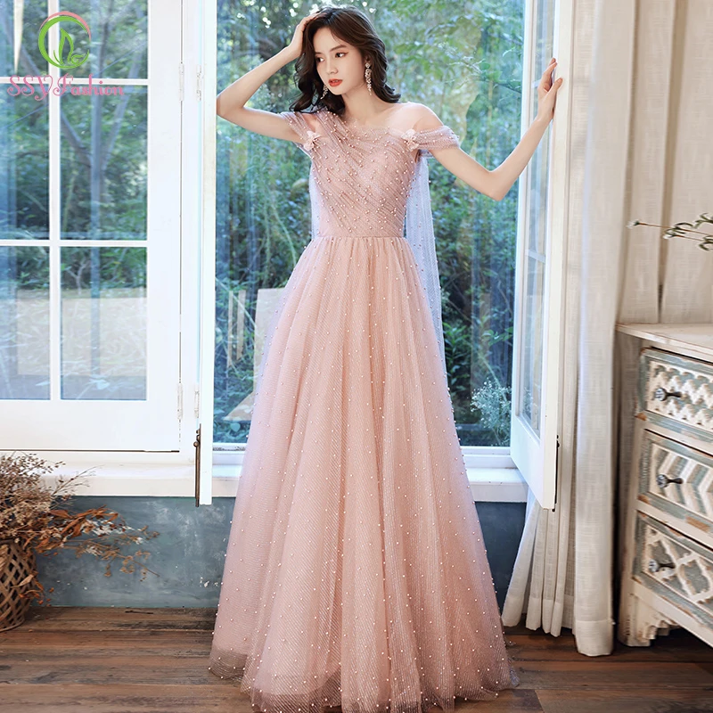 

SSYFashion New Sweet Pink Evening Dress Boat Neck A-line Pearls Beading Long Prom Formal Gowns for Women Vestido De Noche