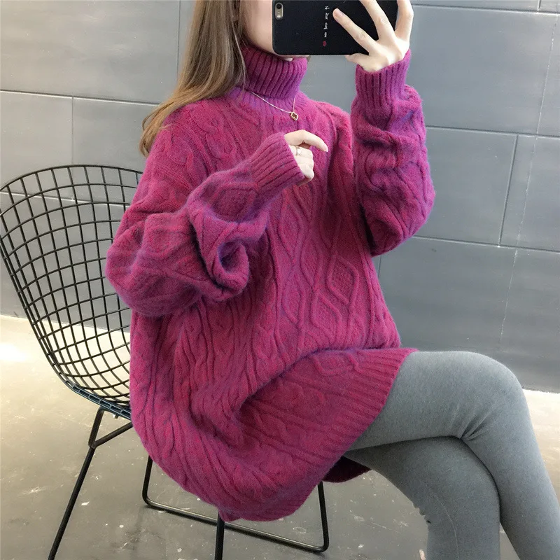 Turtleneck Loose Lazy Wind Long Sweater Women Long Sleeve Striped Jacquard Straight Knitted Sweater Women Female Spring Autumn