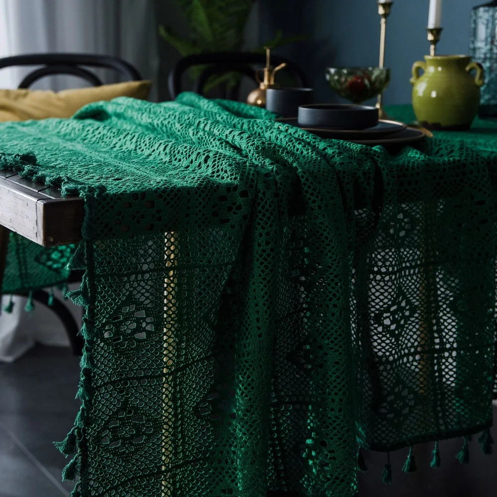 Vintage European and American Handmade Crochet Green Lace Tablecloth Garden Home Knit Hollow Literary Tassel Coffee Table Cover