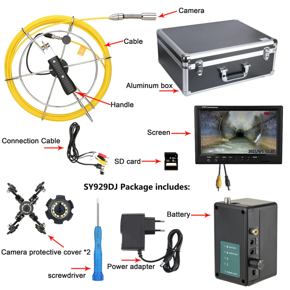 9 Inch DVR Monitor 20/30/40/50M Cable with Meter Counter Sewer Pipe Inspection Cameraa,Drain Sewer Pipeline Industrial Endoscop