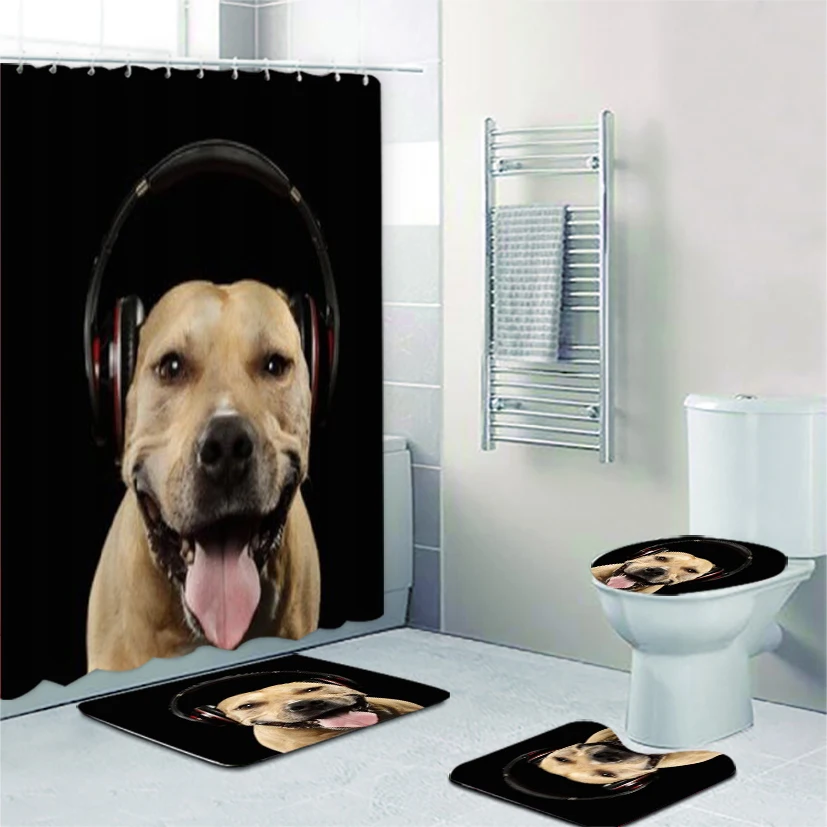 Black Friendly American Staffordshire Terrier in Headphone Shower Curtain Set for Bathroom Funny Portrait of Dogs Bath Mats Rugs