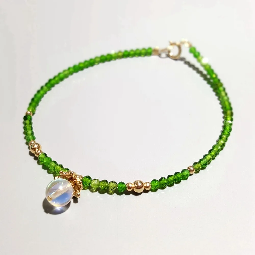 LiiJi Natural Green Diopside Tiny Beads Aurora Crystal Charm 925 Sterling Silver Gold Color Bracelet For Women