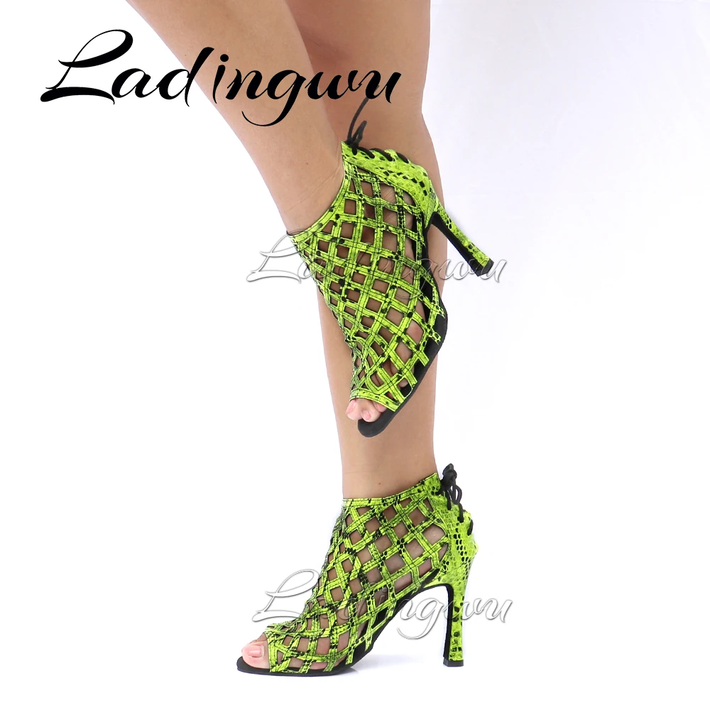 Ladingwu zapatos de baile latino para mujer, botas de baile con cordones, patrón de serpiente verde fluorescente, láser, Salsa, salón