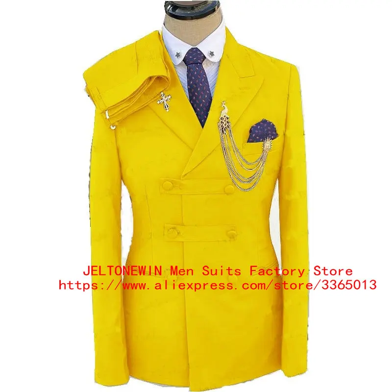 

JELTONEWIN 2021 Popular Design Yellow Double-Breasted Groomsmen Peak Lapel Groom Tuxedos Men Suits Wedding Prom Best Man Blazer