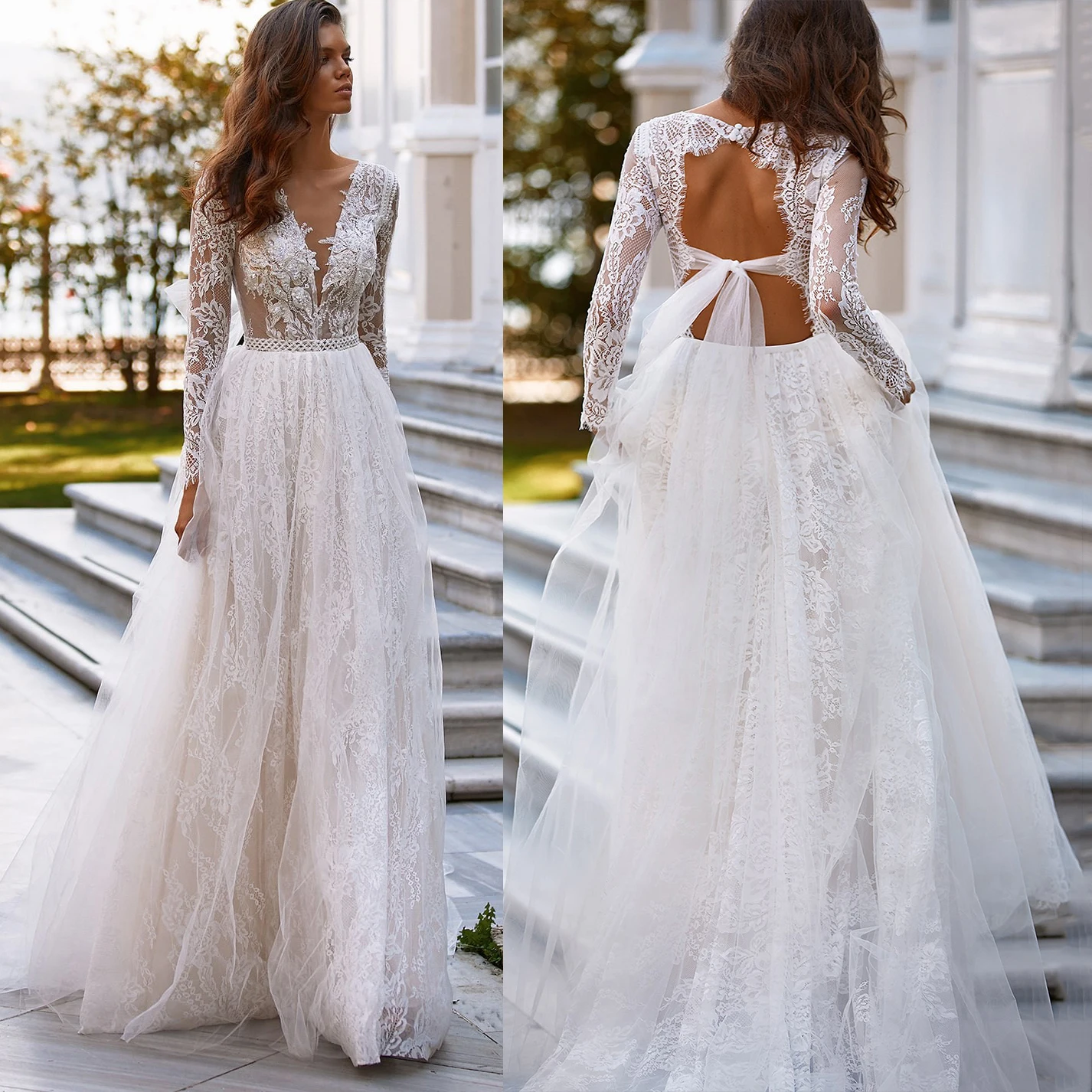 Boho Lace Deep V-Neck Long Sleeves Beach Wedding Dress 2021 Elegant Backless Bridal Gown Plus Size Nude Lining Factory Price