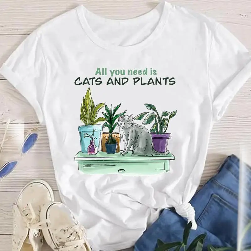 Fashion Cartoon Cat Plant Casual New Lovely Tees Women Short Sleeve Lady Female Graphic Tops Clothes Print Tshirt T-Shirt