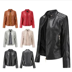 Women New Leather Jacket Women Spring Autumn Fashion Stand Collar Motor Biker Coat Pu Outwear Fall Jacket Black Red 2021