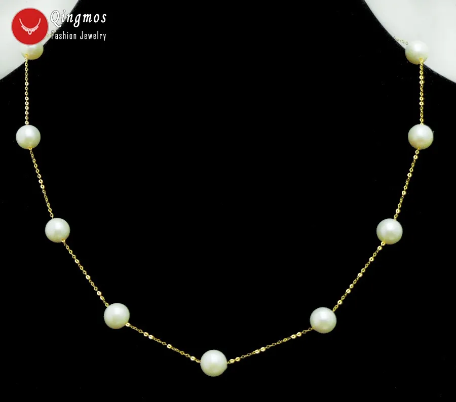 Qingmos  18K Gold Chain Floating AAA Round 8-9mm White Natural Freshwater Pearl Necklace for Women 18