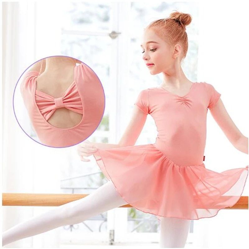 Girls Ballet Dress Gymnastics Leotard Short Sleeve Skirted Ballet Clothing Dance Wear With Chiffon Skirts