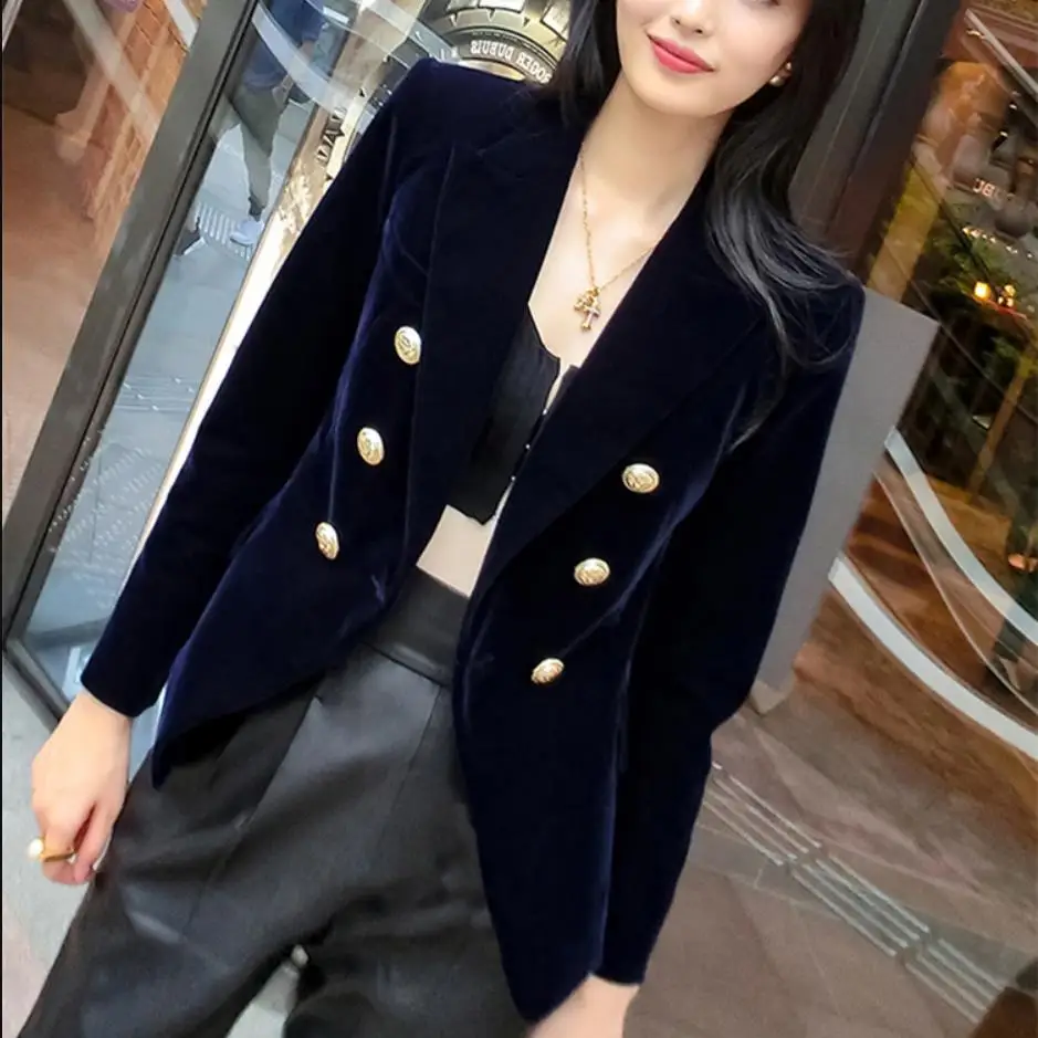 Blazer in velluto autunnale OL giacca formale piccola da donna Blazer da donna a maniche lunghe Slim feminino Women Gold Button *