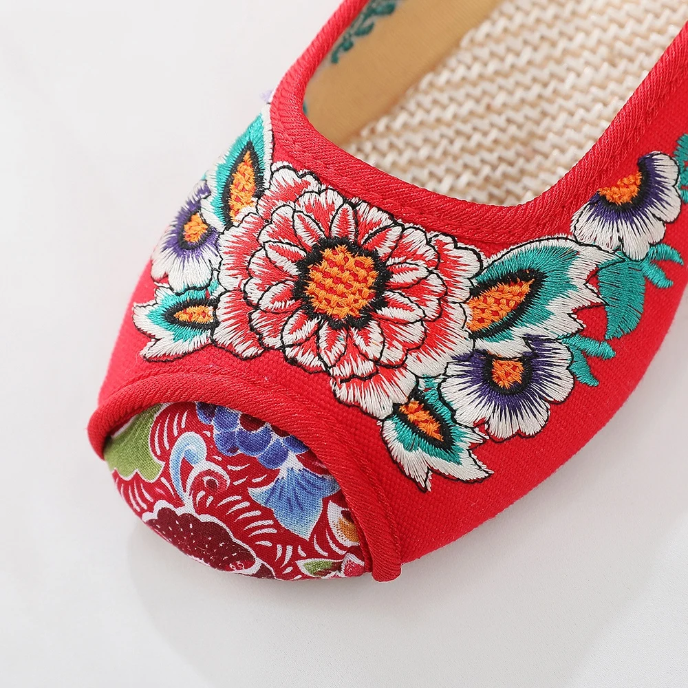 Veowalk Sunflower Embroidered Women\'s Canvas Slides Summer Ladies Comfort Cotton Embroidery Flat Slippers Shoes Sandial Mujer