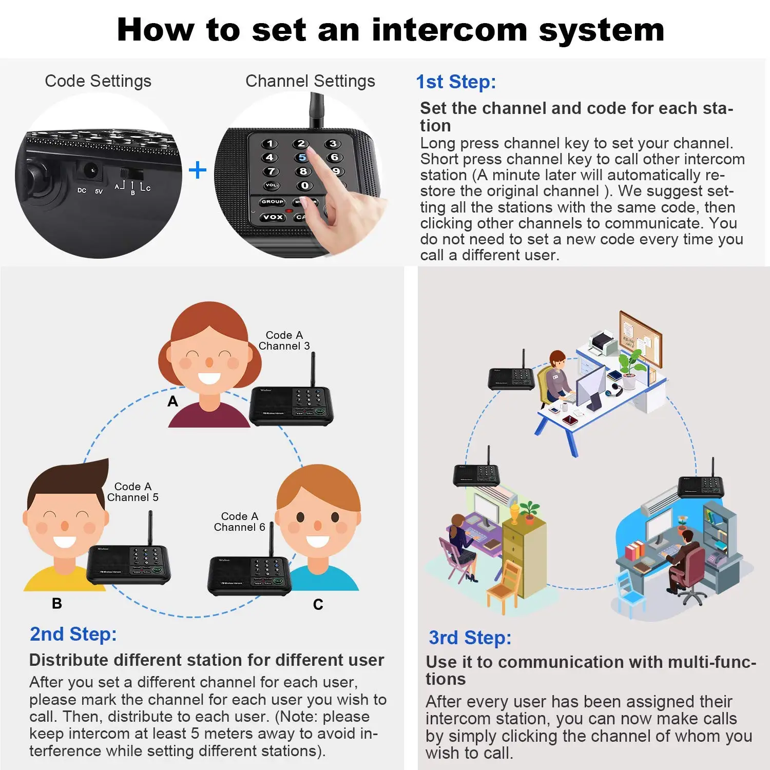 Wuloo-sistema de intercomunicación inalámbrico para el hogar, sistema de comunicación de habitación a habitación, oficina de negocios, rango de 5280 pies, 10 canales