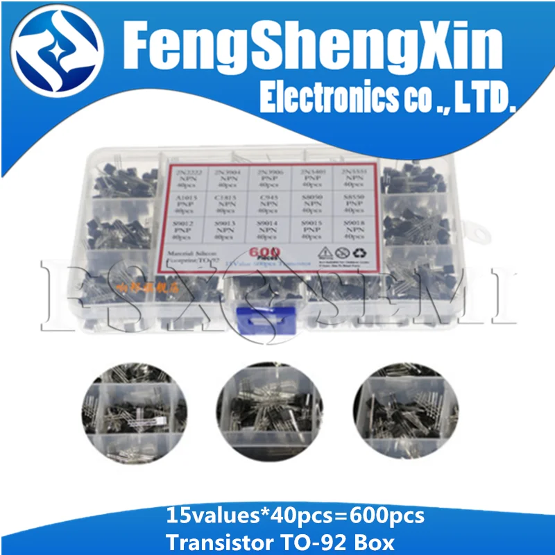 15values X40pcs=600pcs Transistor TO-92 Assortment Box Kit Transistors 2N2222 2N3904 2N3906 C945 S8050 S8550 S9014 S9013 S9012