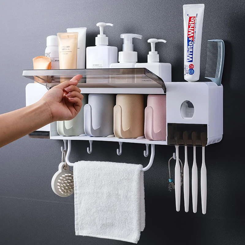 New Magnetic Adsorption Toothbrush Holder Automatic Toothpaste Dispenser Toiletries Storage Rack Bathroom Accessories