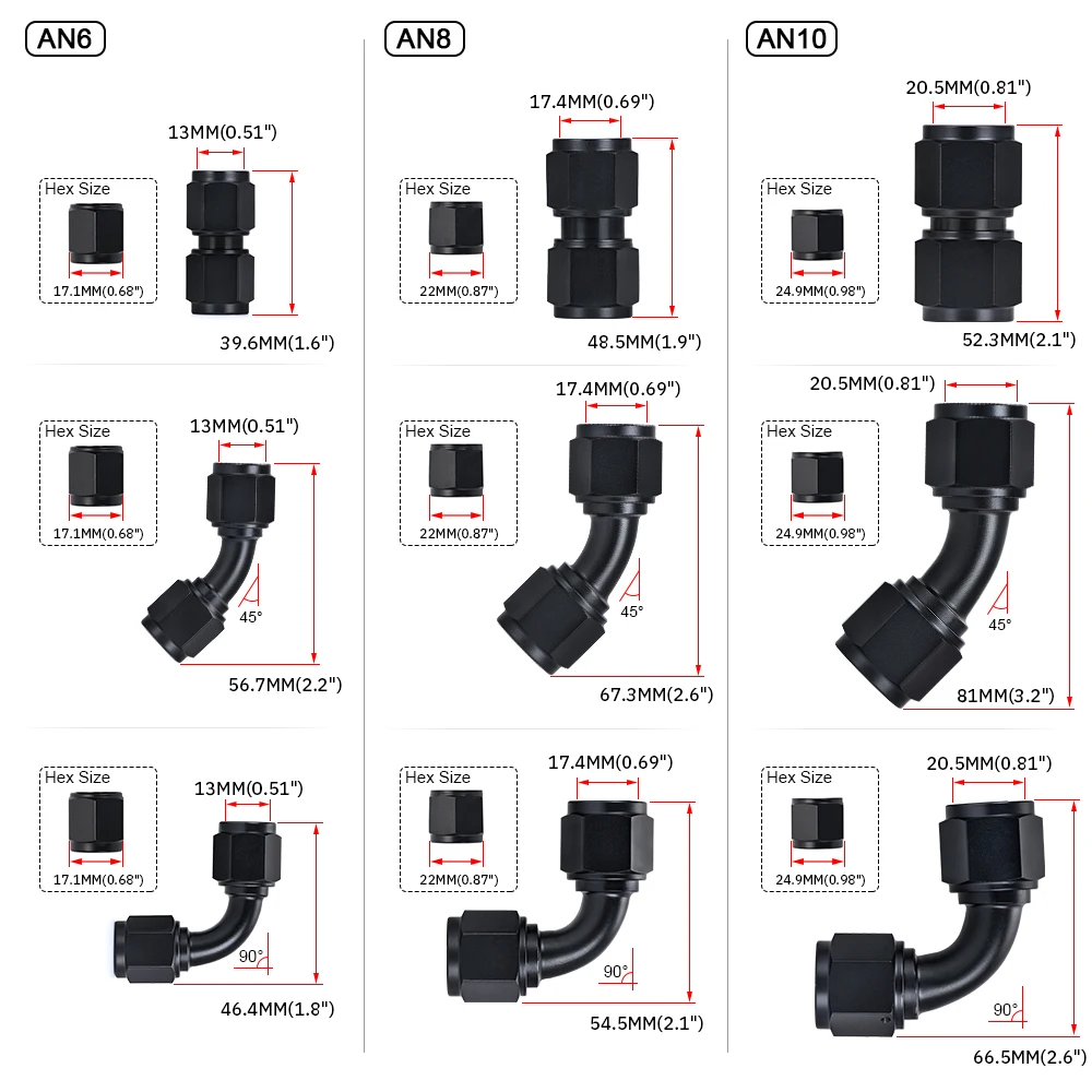 Universal 0 45 90 Degree AN6 AN8 AN10 Female to  AN6 AN8 AN10 Female Hydraulic hose Elbow Oil Cooler Fitting Hose Fittings