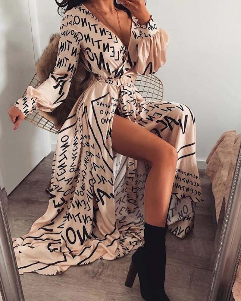 

Women Autumn Outfits, Letter Print V-Neck Long-Sleeves Full-Length Dress with Irregular Hem for Ladies fall clothes for women