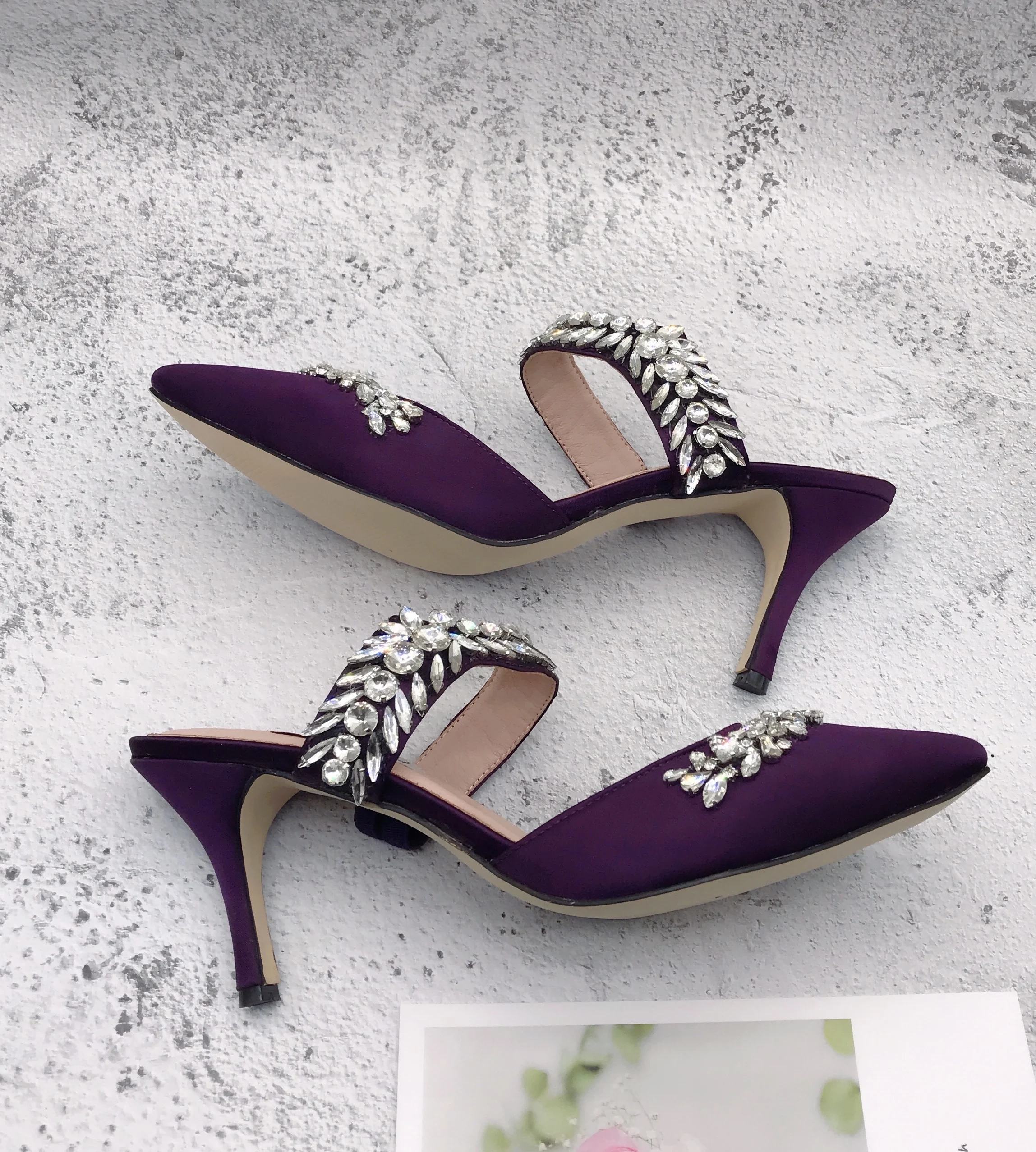 BS1258  Custom Made  High Heels Women Slipper Sandals Wedding Shoes Slides Purple Rhinestones Crystal  Shoes And Bag Set