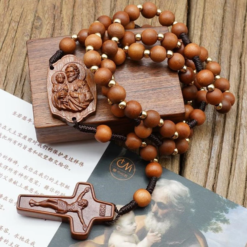 Saint Joseph Rose Rosary catholic 8mm Christian Bracelet Cruz madera rosarios religiosos church gifts jesus christ wooden cross