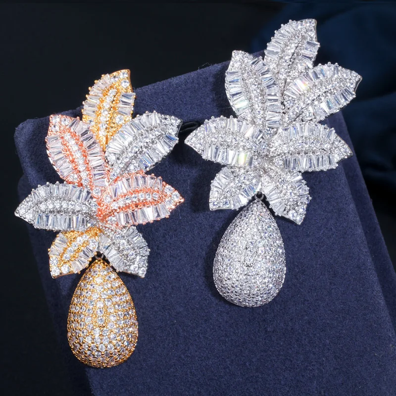 CWWZircons 3 Tone Gold Color Luxury Large Leaf Drop Flower Micro Cubic Zirconia Pave Naija Wedding Party Earring for Women CZ644