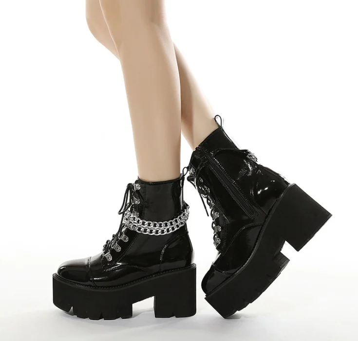 Patent Leather Gothic Black Boots Women Heel Sexy Chain Chunky Heel Platform Boots Female Punk Style Ankle Boots Zipper
