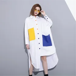 Women White Pocket Split Blouse New Lapel Loose Fashion Tide Spring Autumn 2023 Mid-Length Irregular Short Clothes Ladies H1370