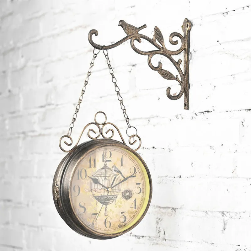 Antique Outdoor Garden Wall Station Metal Clock Double Sided Bird Vintage Retro Round Wall Mount Hanging Home Decor WY72309