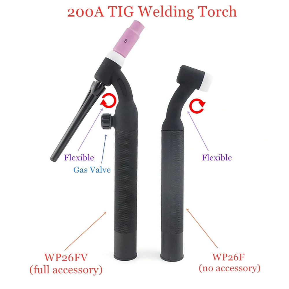 WP26-FV TIG Torch GTAW Gas Tungsten Arc Welding Torch WP26 Argon Air Cooled WP-26 Flexible Neck Gas Valve TIG Welding Torch