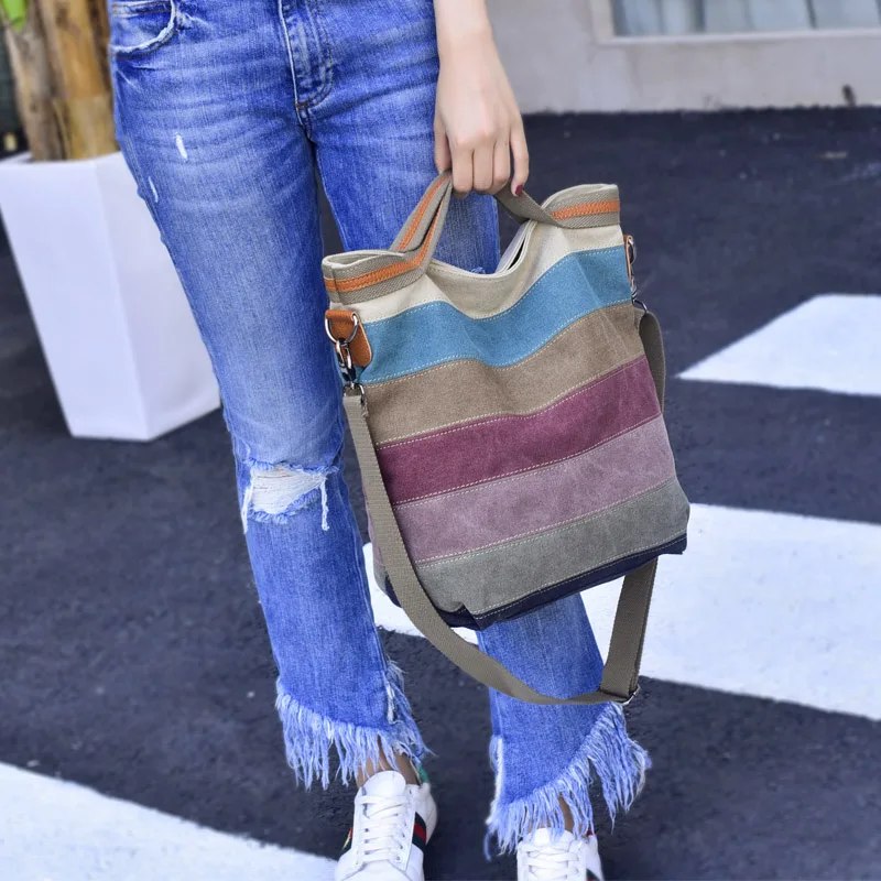 Spring Stripes Printing Rainbow Crossbody Bags for Women Large Messenger Bag Canvas Fashion Handbags Women Bags Bolsas Tote bag